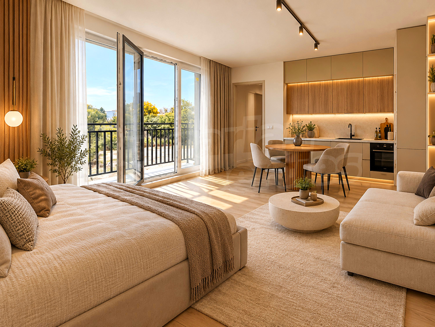 inside, bedroom, living room, balcony, furnished