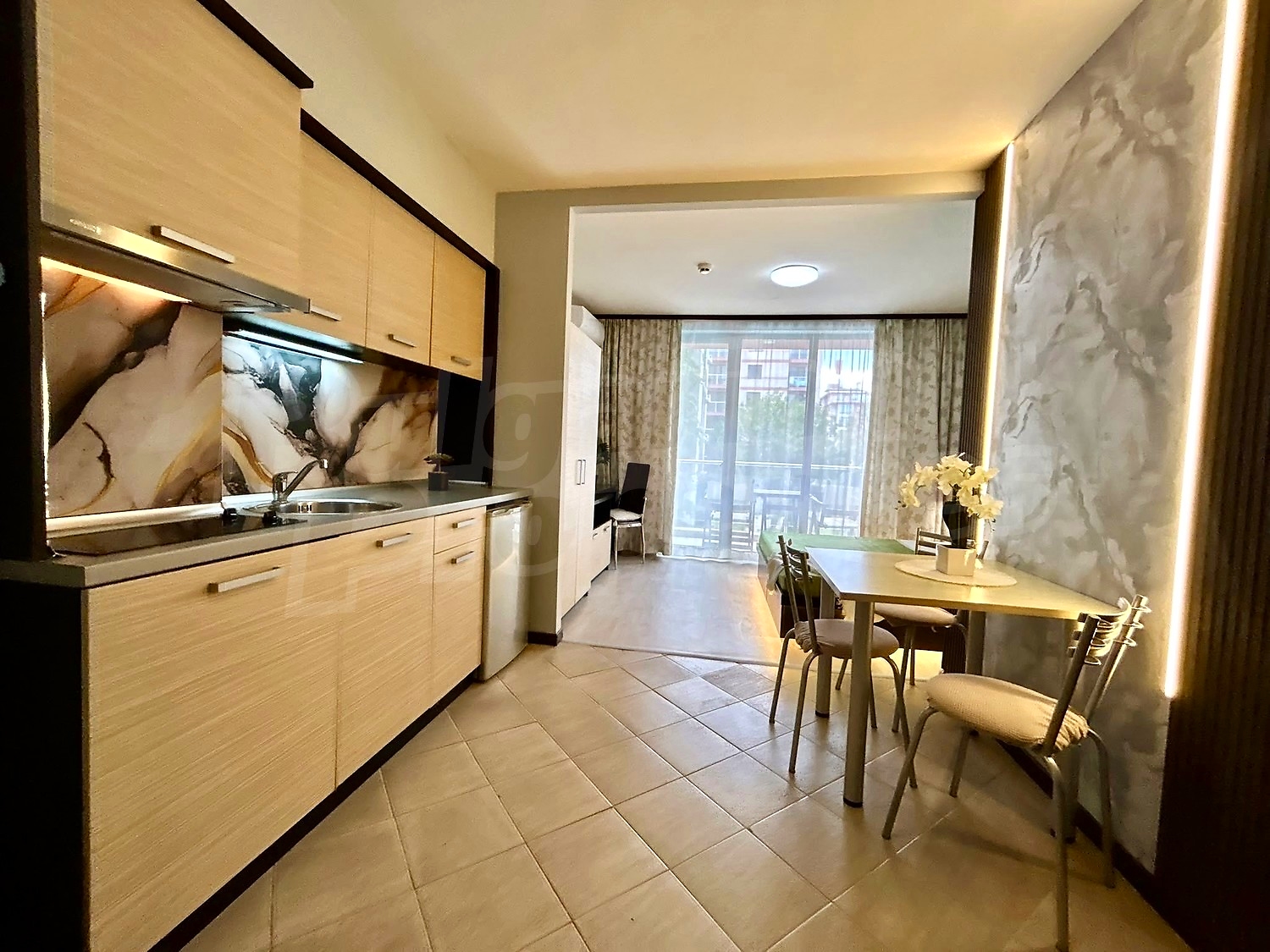 inside, kitchen, living room, furnished