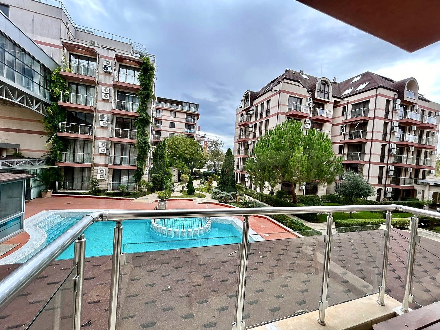outside, pool, garden, view from balcony