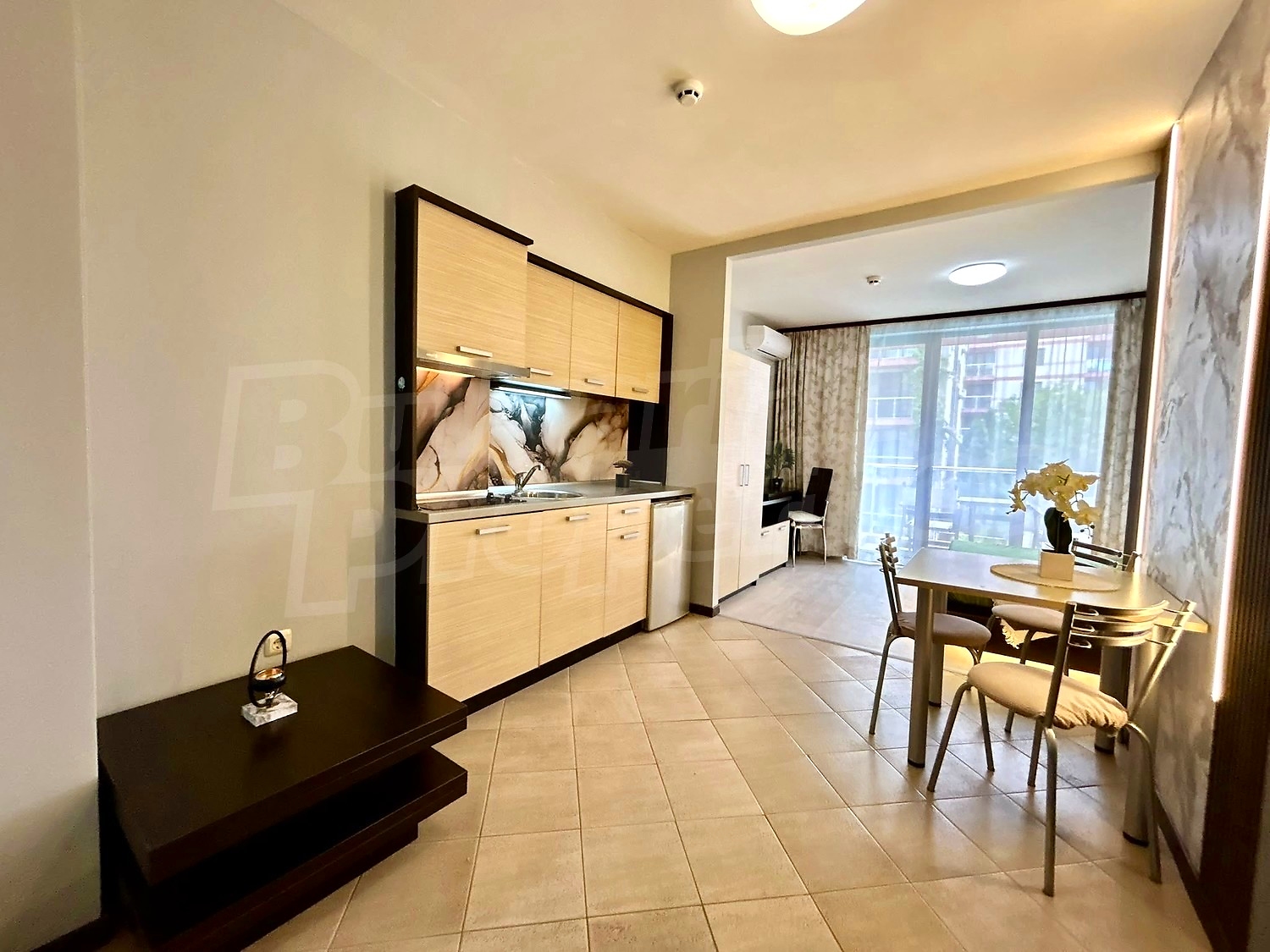 inside, kitchen, living room, furnished
