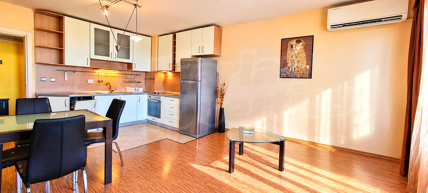 inside, kitchen, living room, furnished