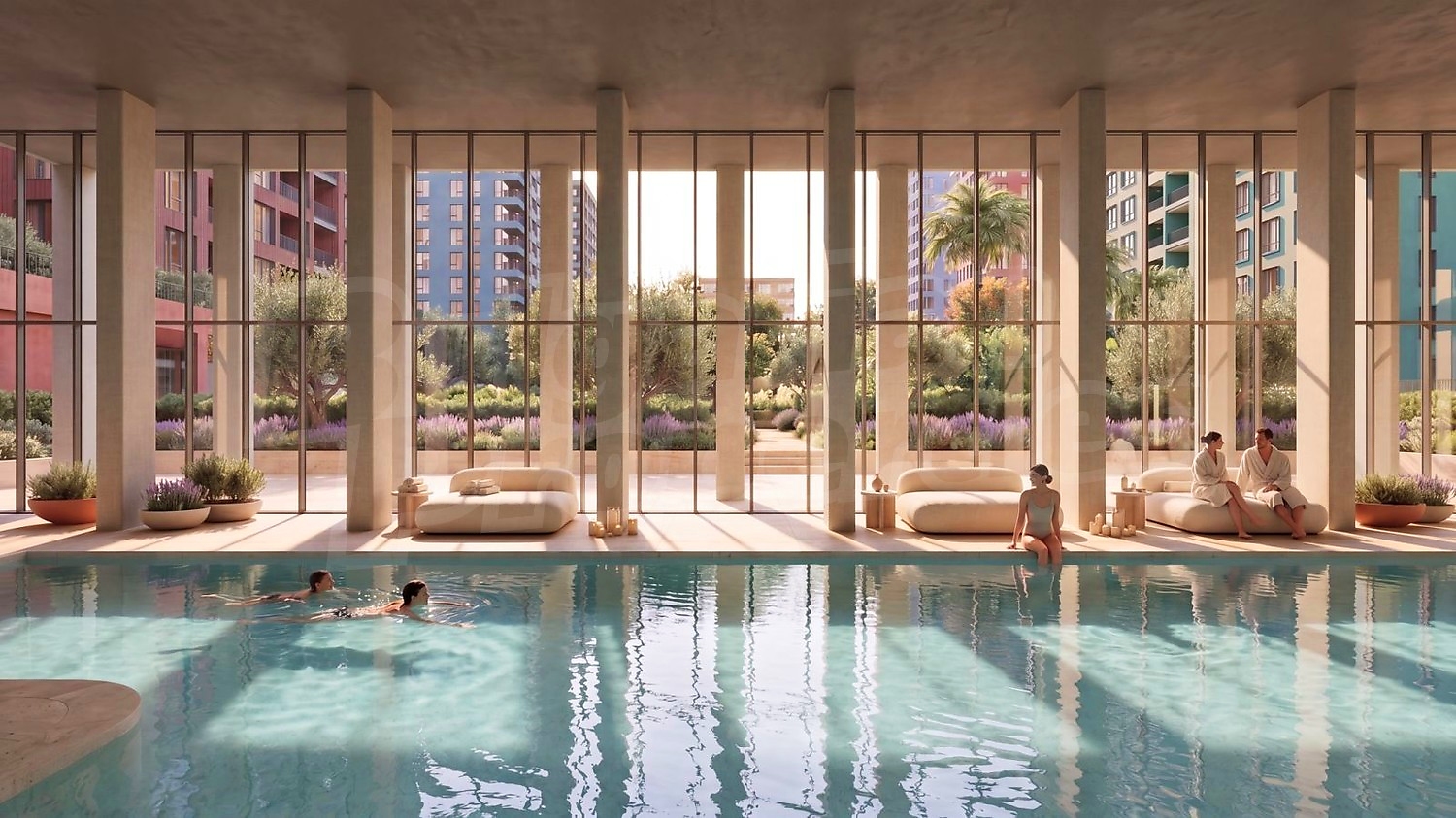 pool, inside, furnished, view from balcony, green area