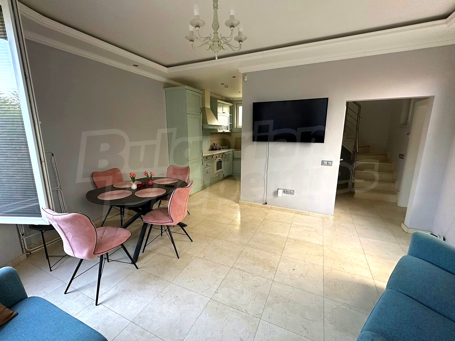 inside, kitchen, living room, furnished