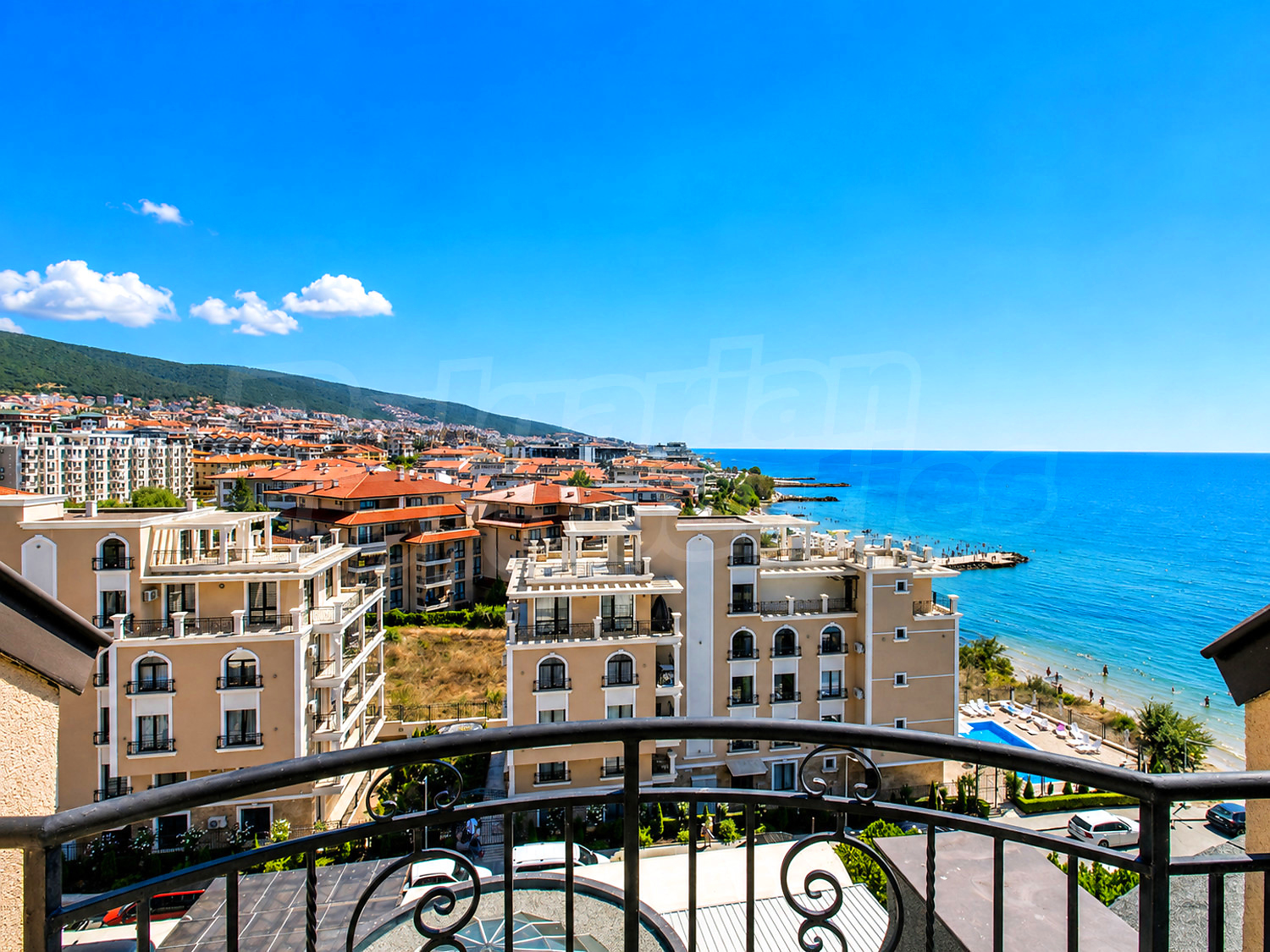 outside, view from balcony, sea, mountain, facade