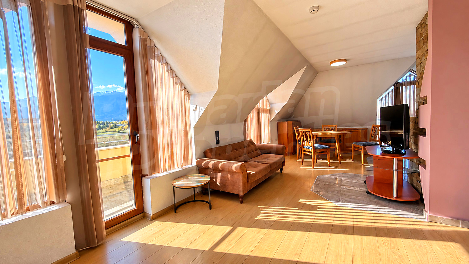 inside, living room, view from balcony, furnished