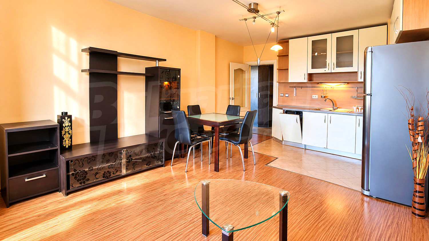 inside, kitchen, living room, furnished
