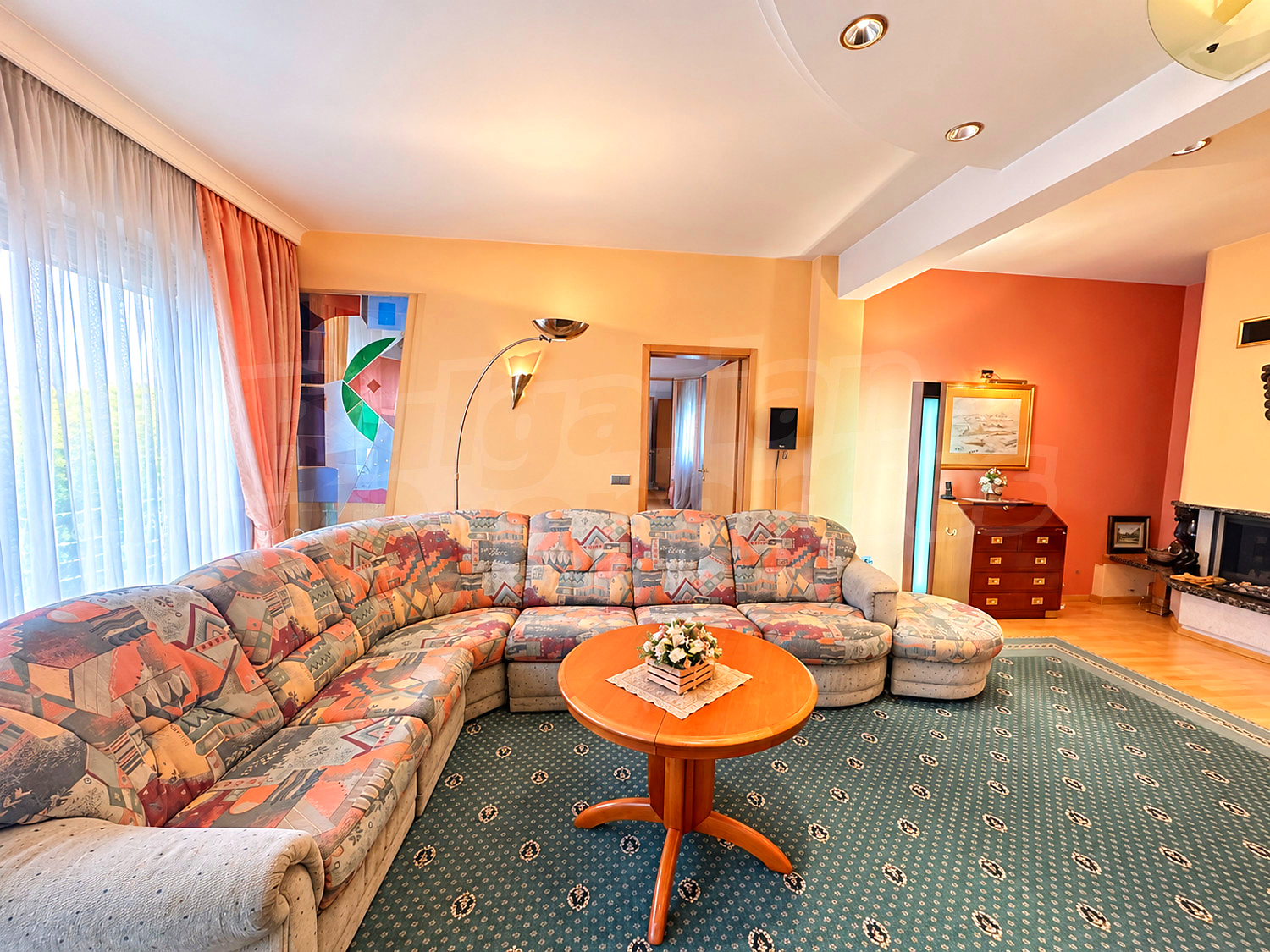 inside, living room, furnished, fireplace