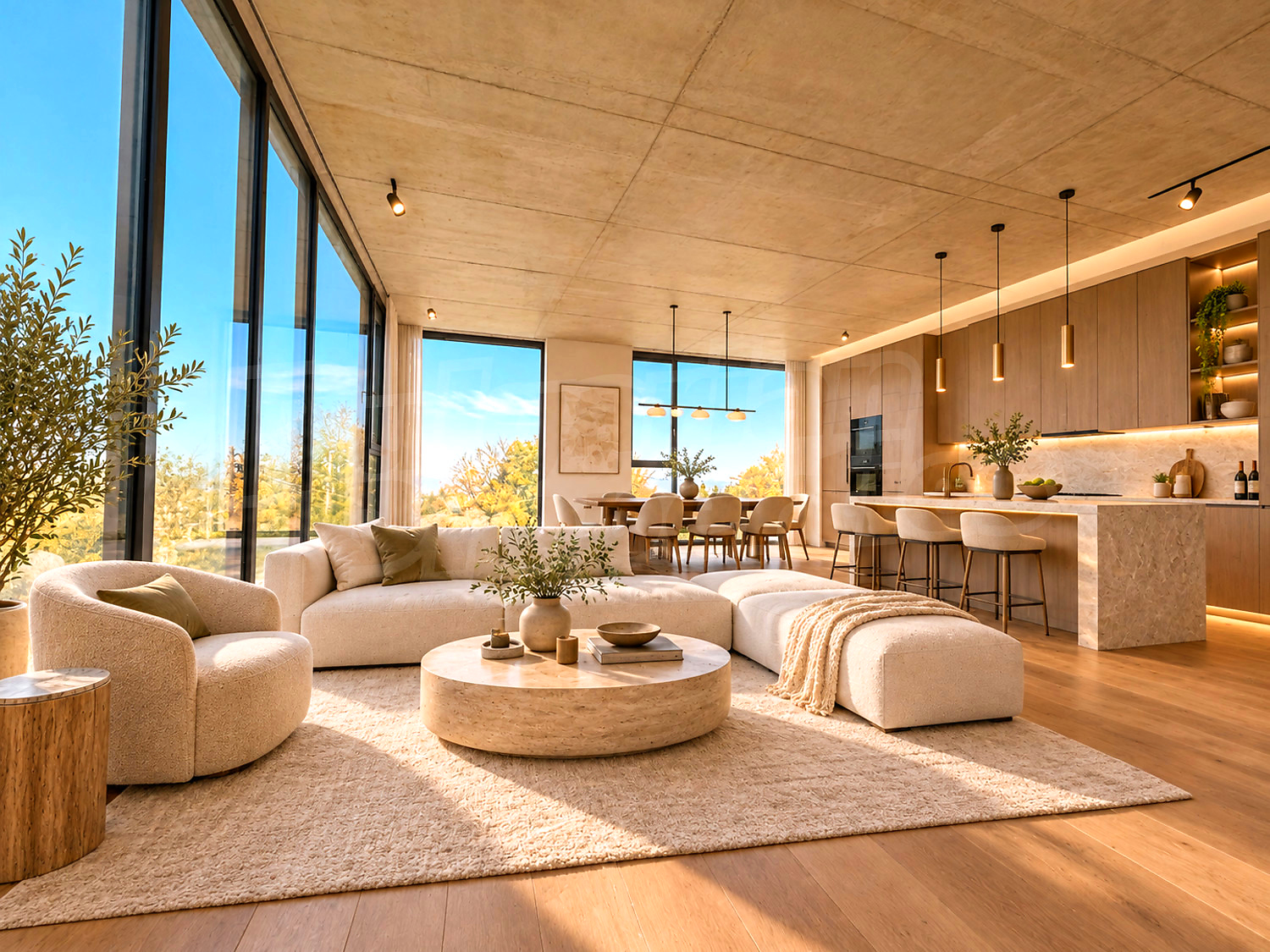 inside, living room, kitchen, furnished