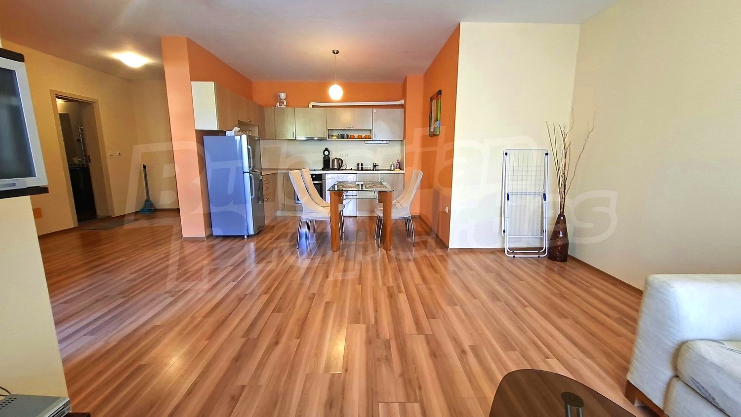 inside, kitchen, living room, furnished