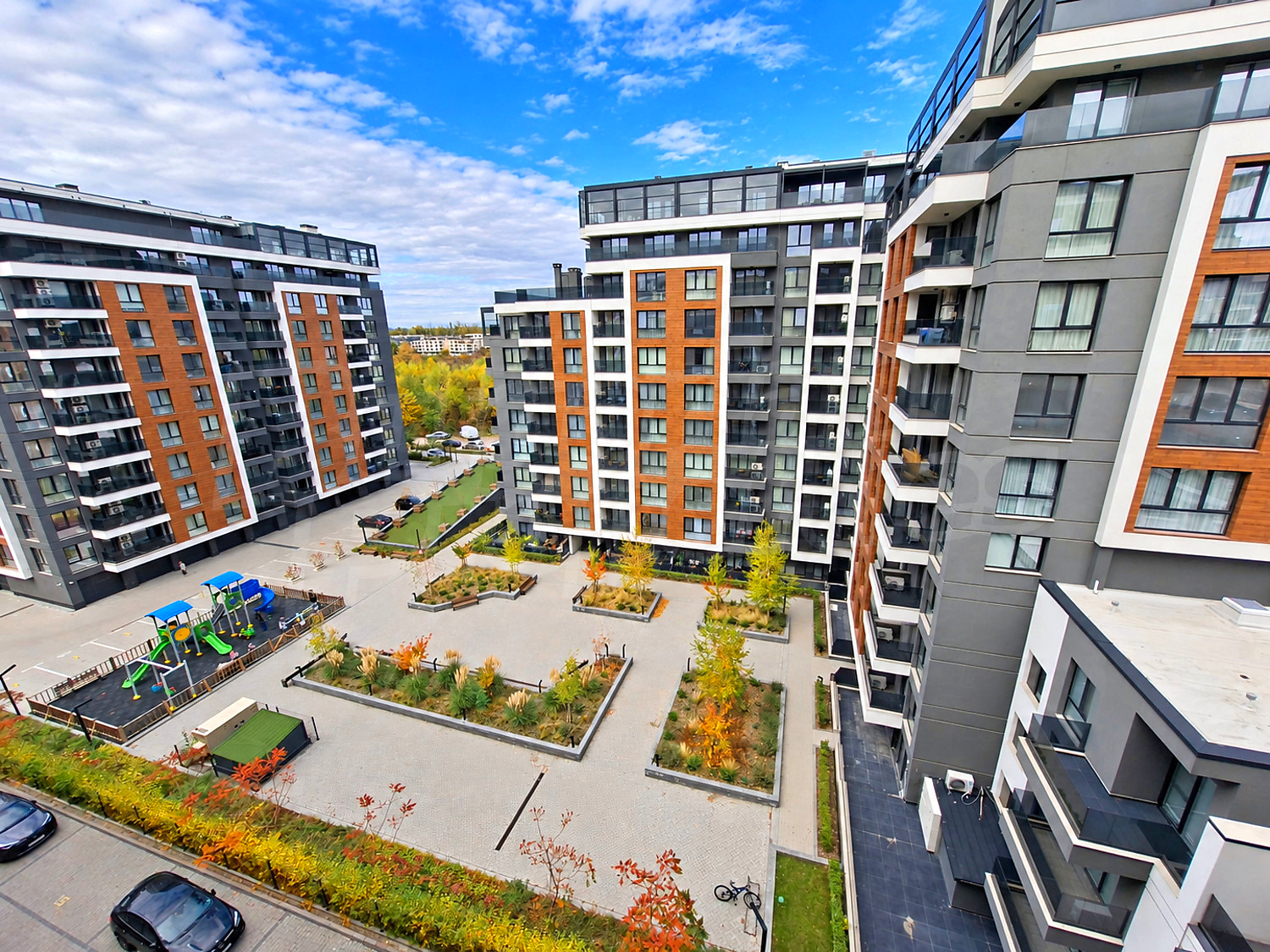 outside, facade, garden, parking, view from balcony, green area