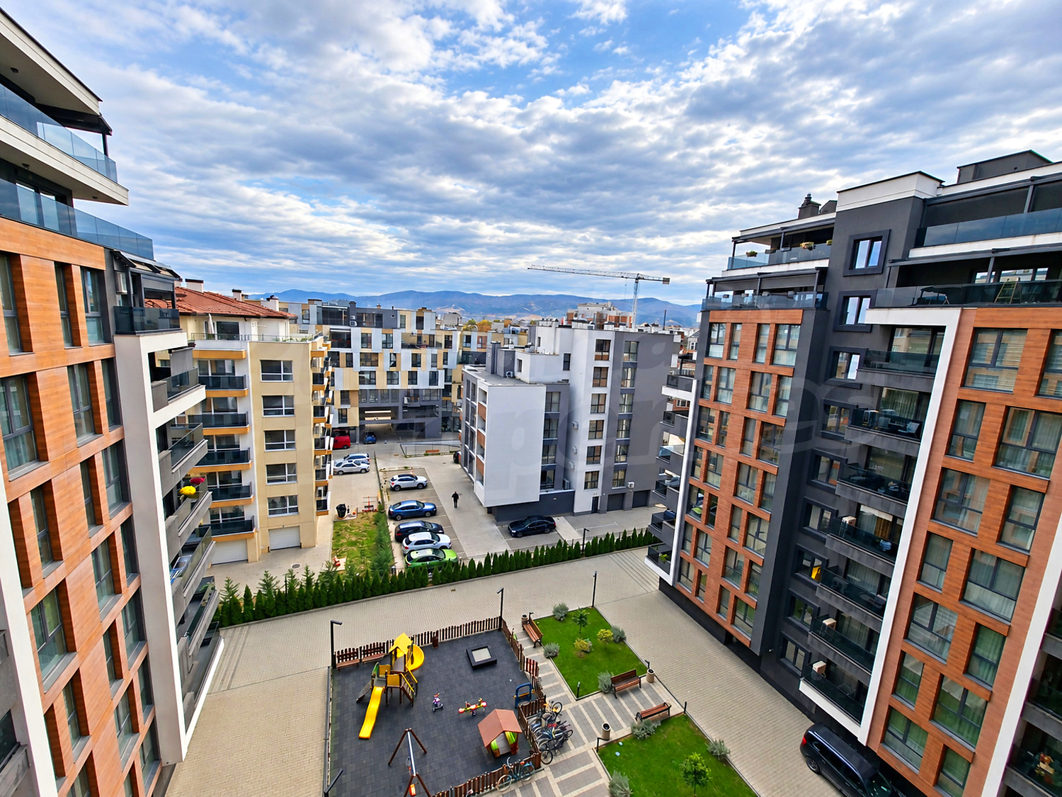 outside, parking, view from balcony, facade, garden