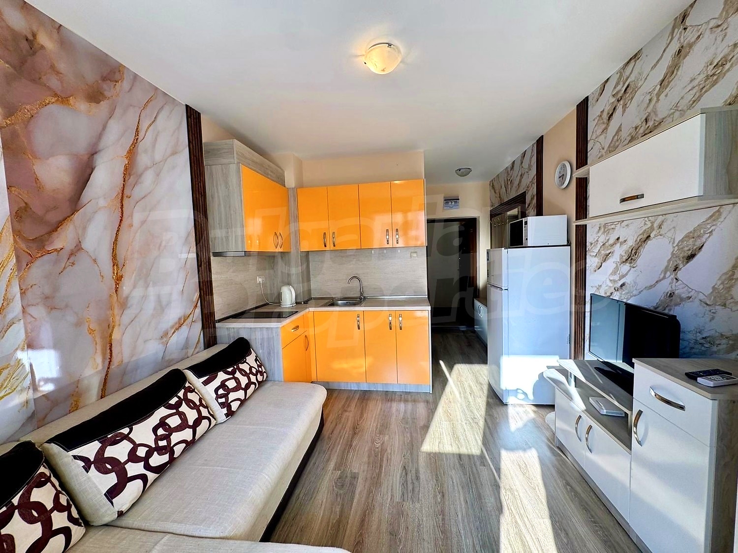 inside, kitchen, living room, furnished