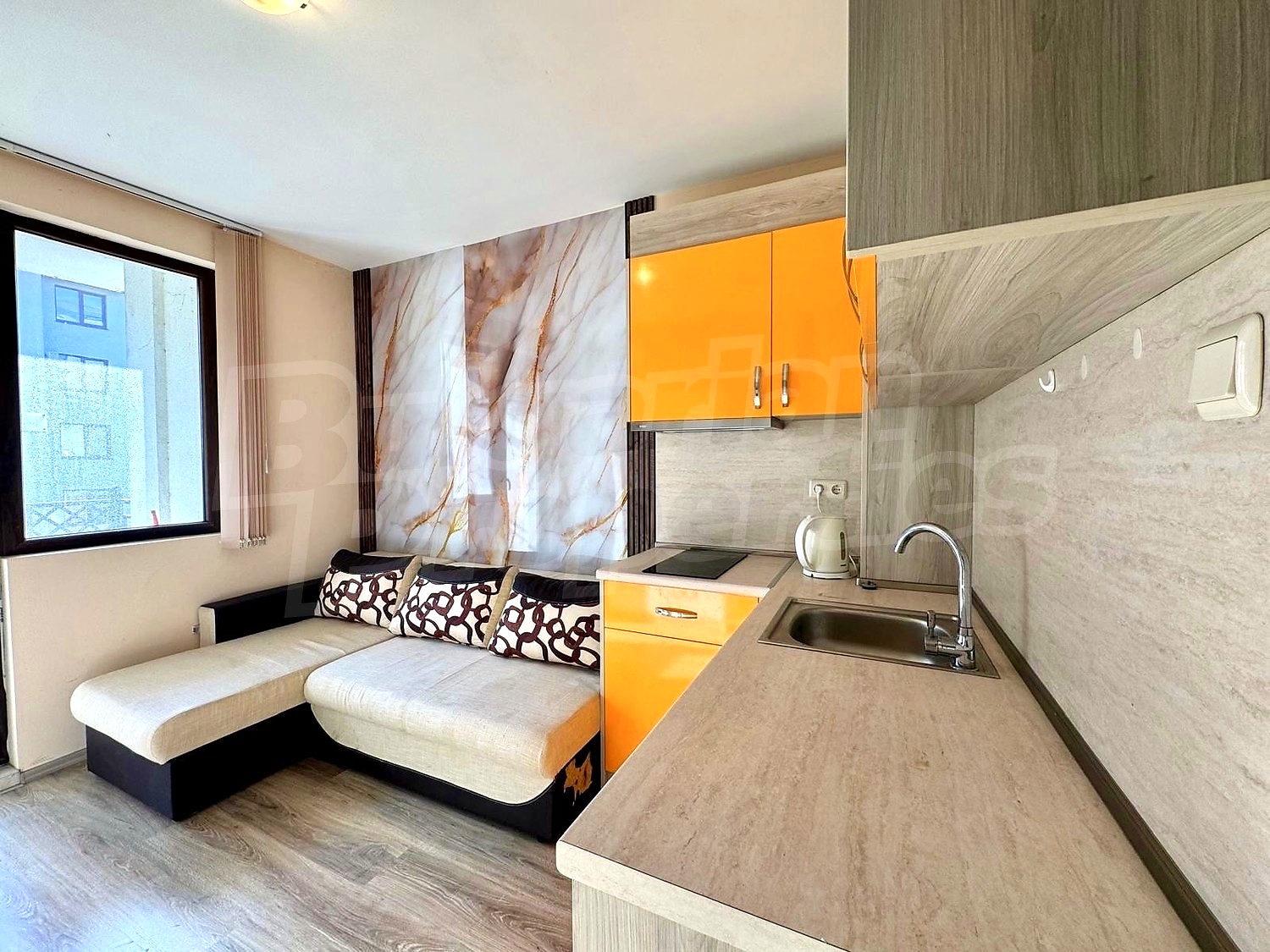 inside, kitchen, living room, furnished