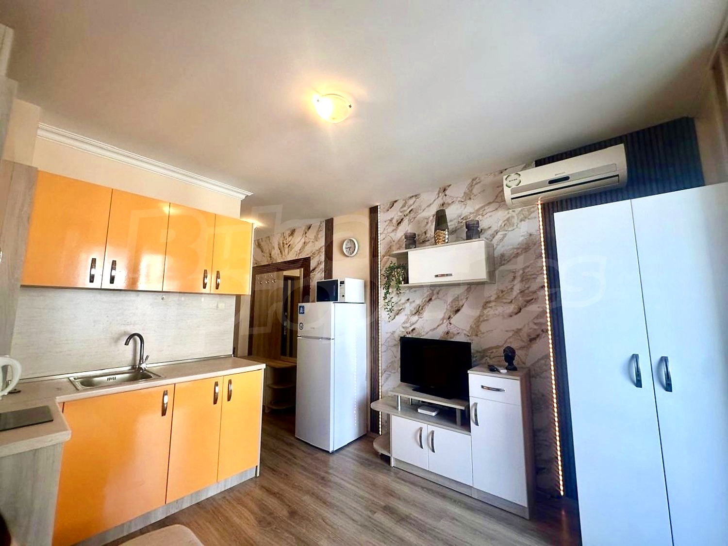 inside, kitchen, living room, furnished