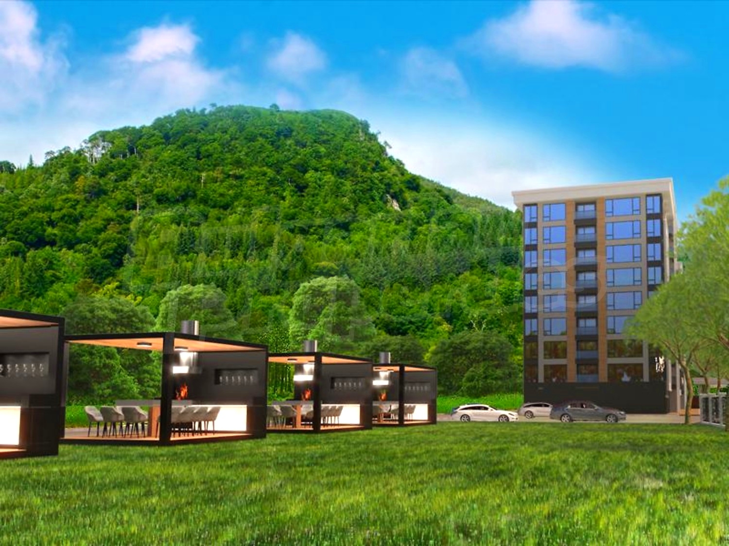outside, green area, mountain, facade