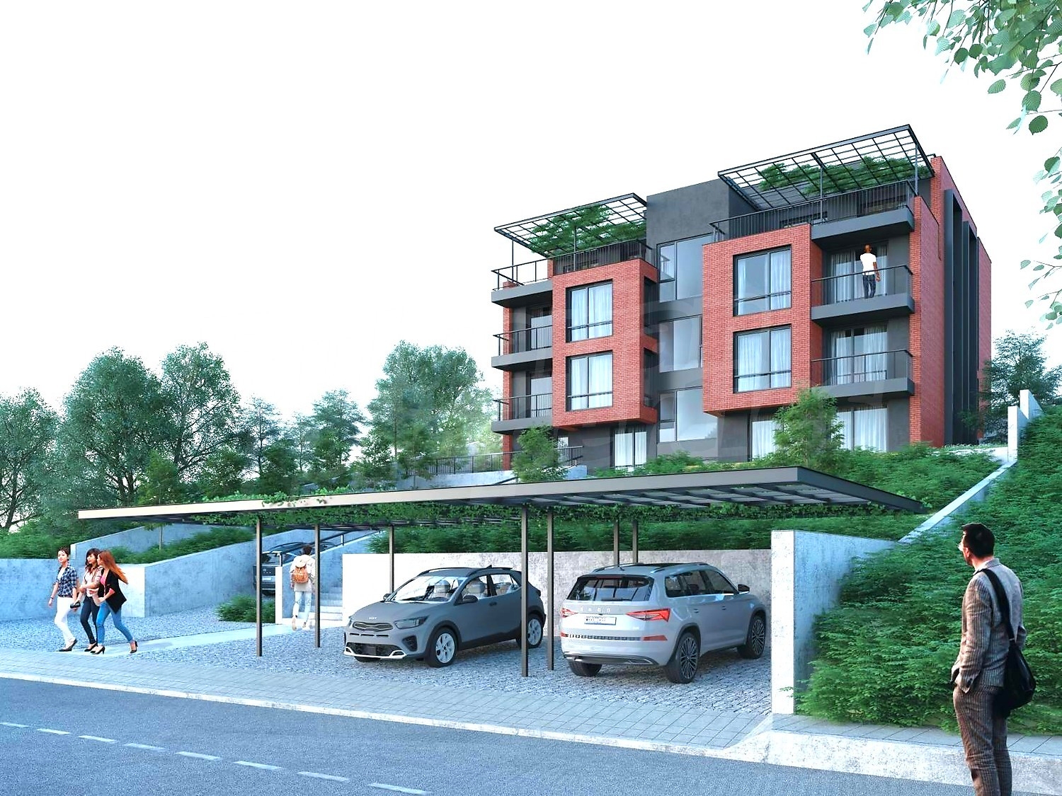 outside, facade, parking, green area