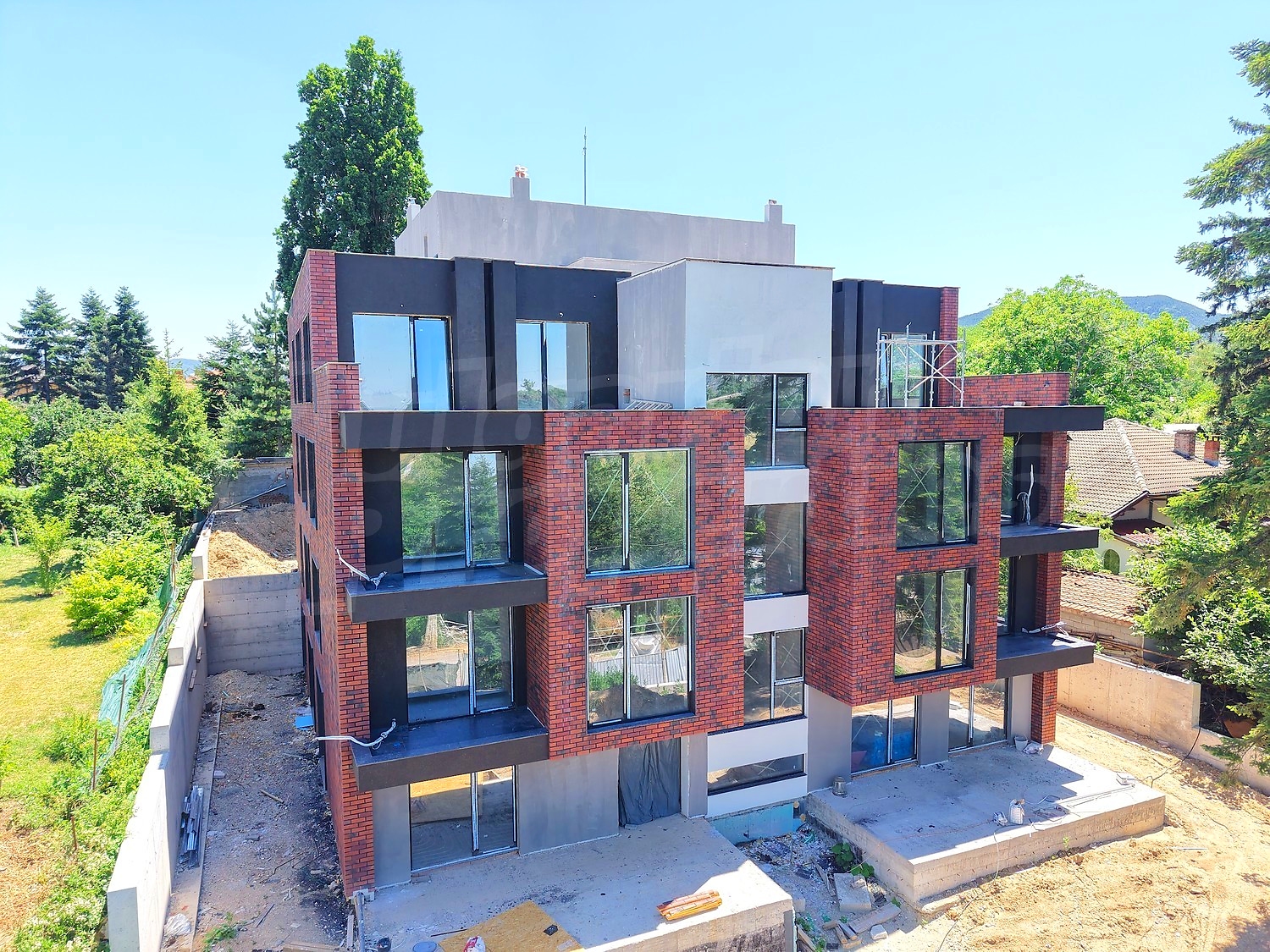 facade, outside, green area