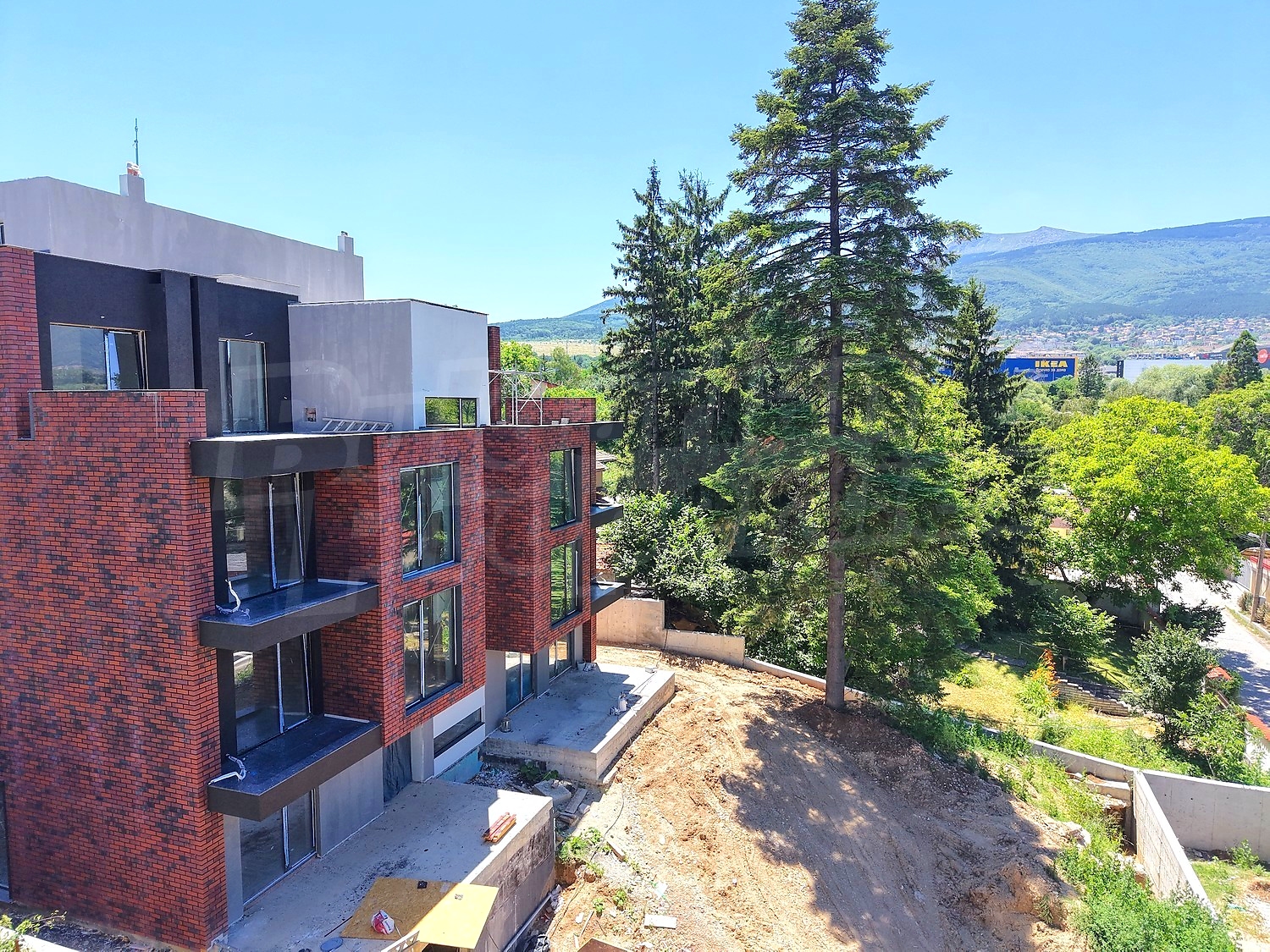 facade, outside, mountain, green area