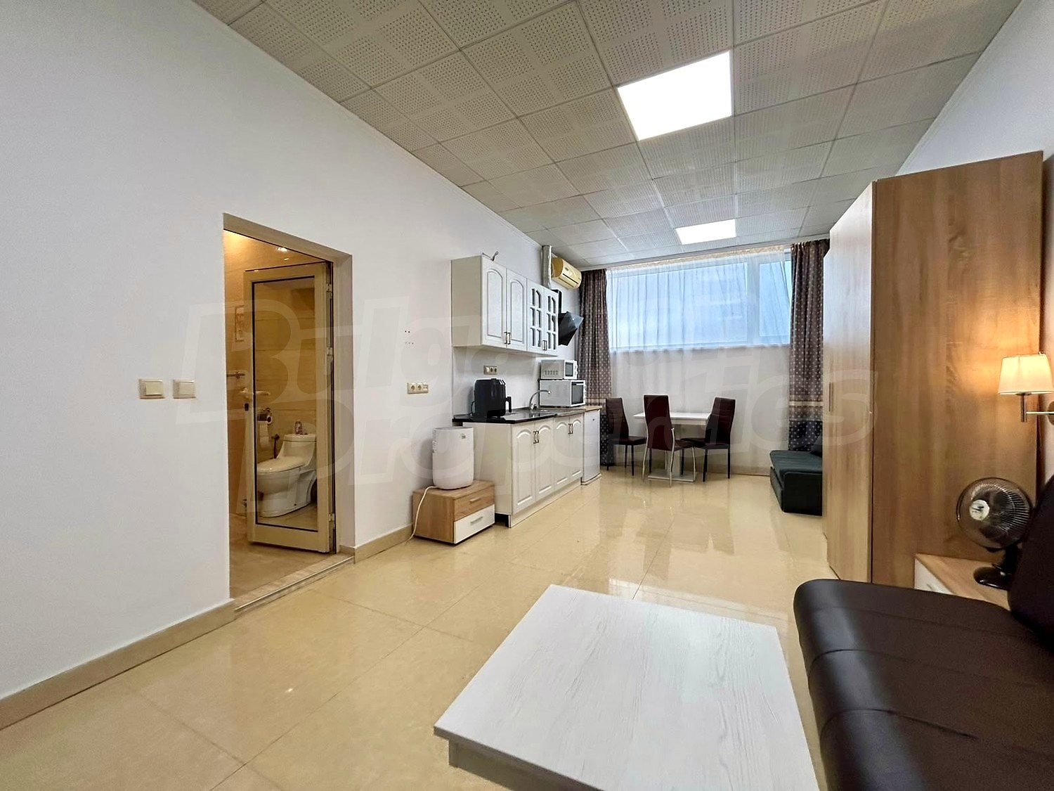inside, kitchen, living room, furnished