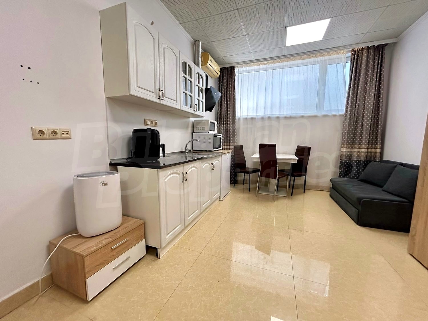 inside, kitchen, living room, furnished