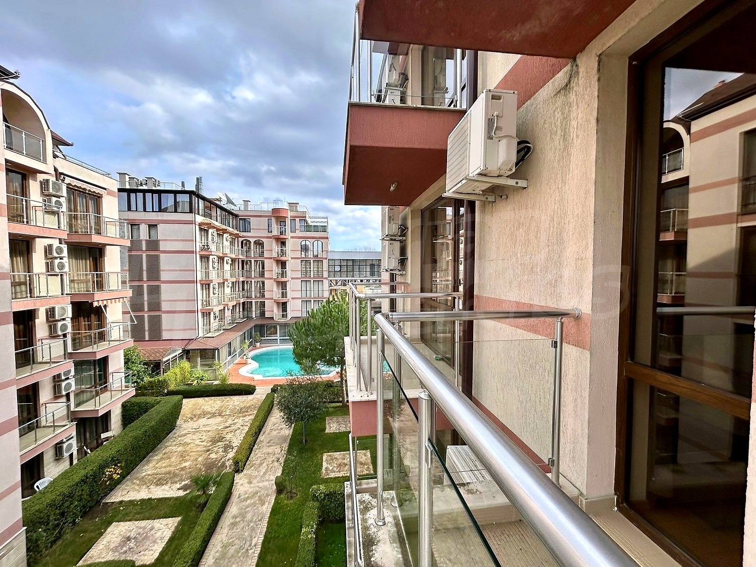 balcony, view from balcony, pool, outside, facade