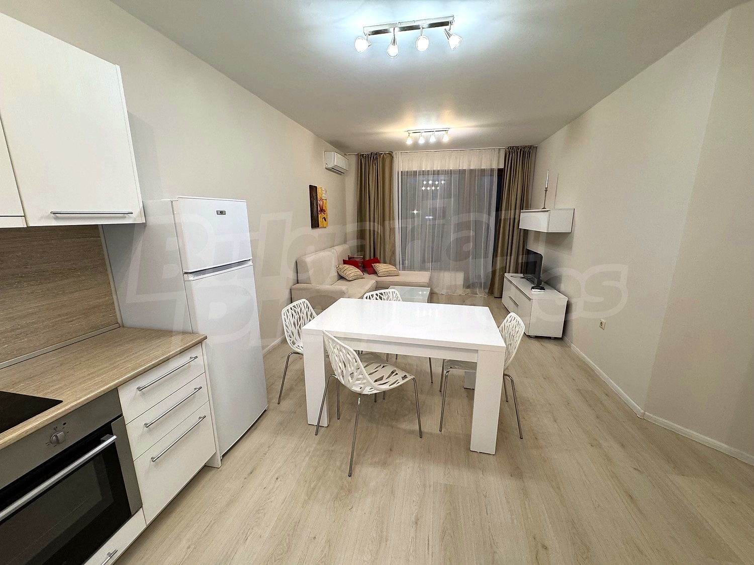 inside, kitchen, living room, furnished