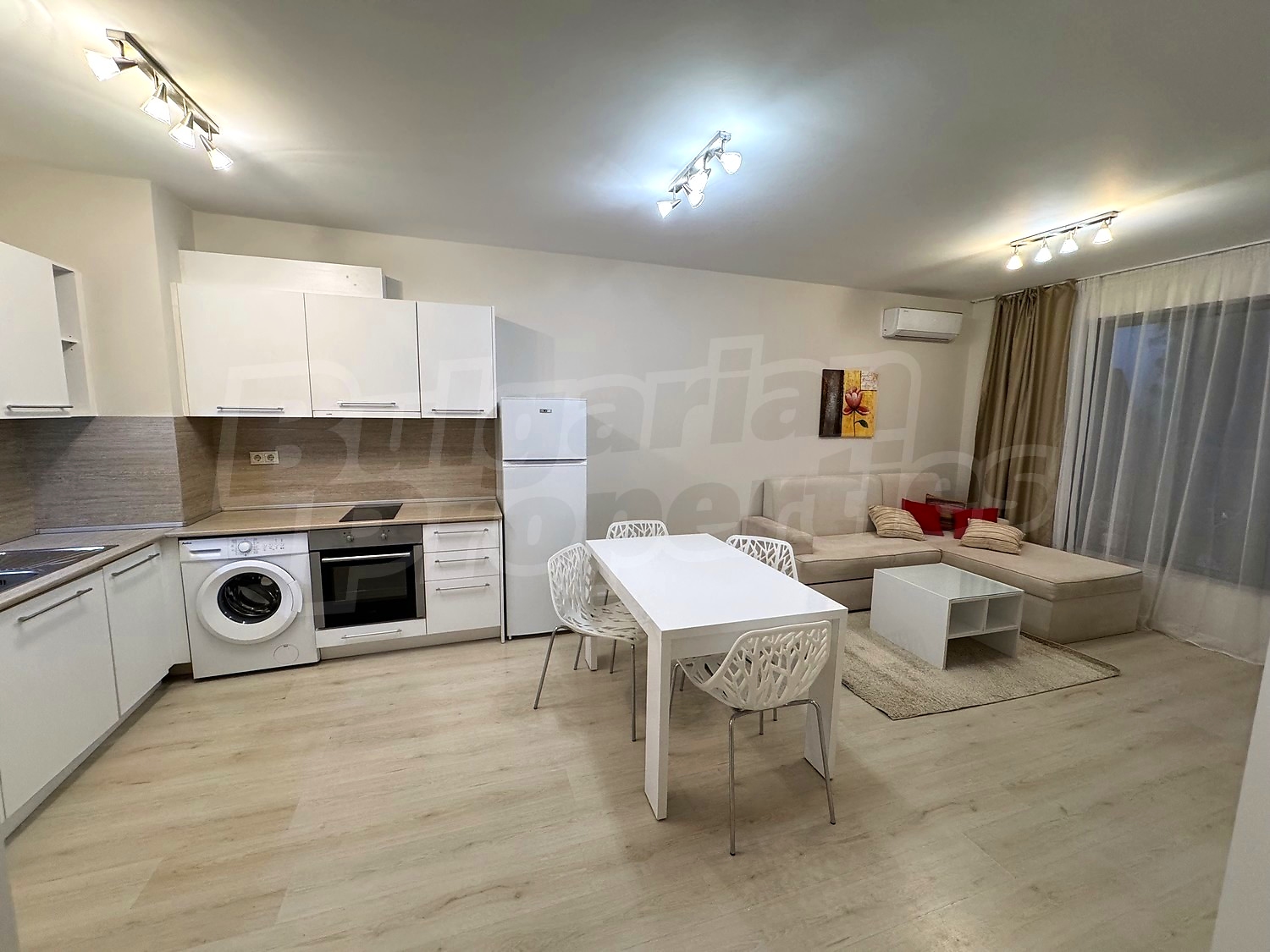 inside, kitchen, living room, furnished