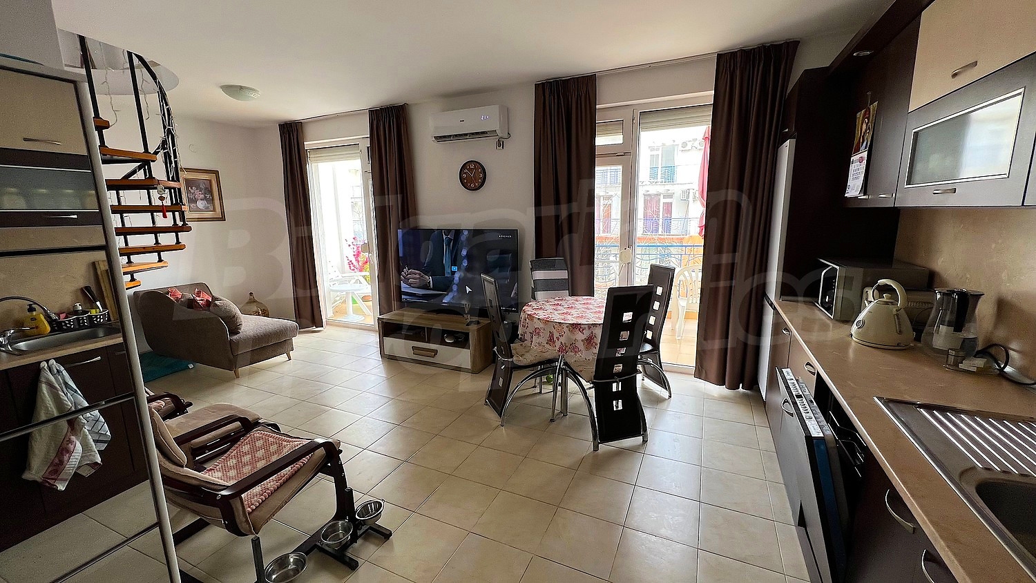 inside, living room, kitchen, furnished