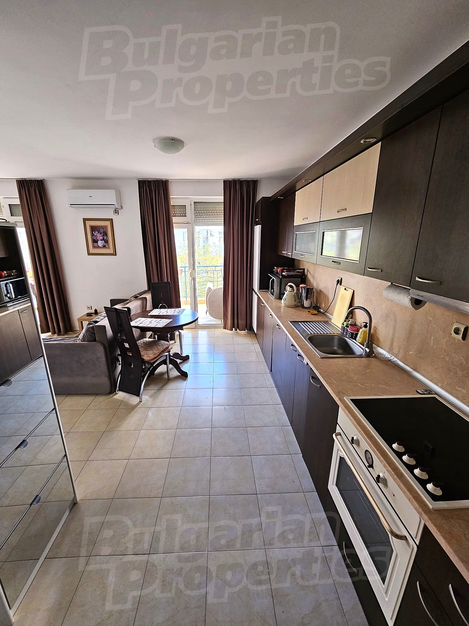 inside, kitchen, living room, furnished