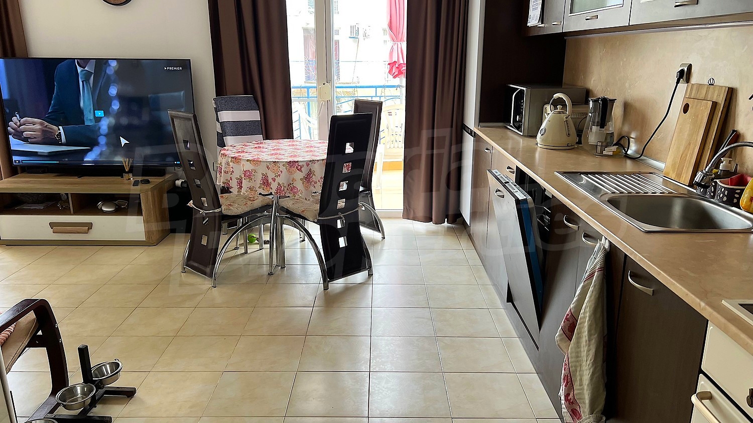 inside, kitchen, living room, balcony, furnished