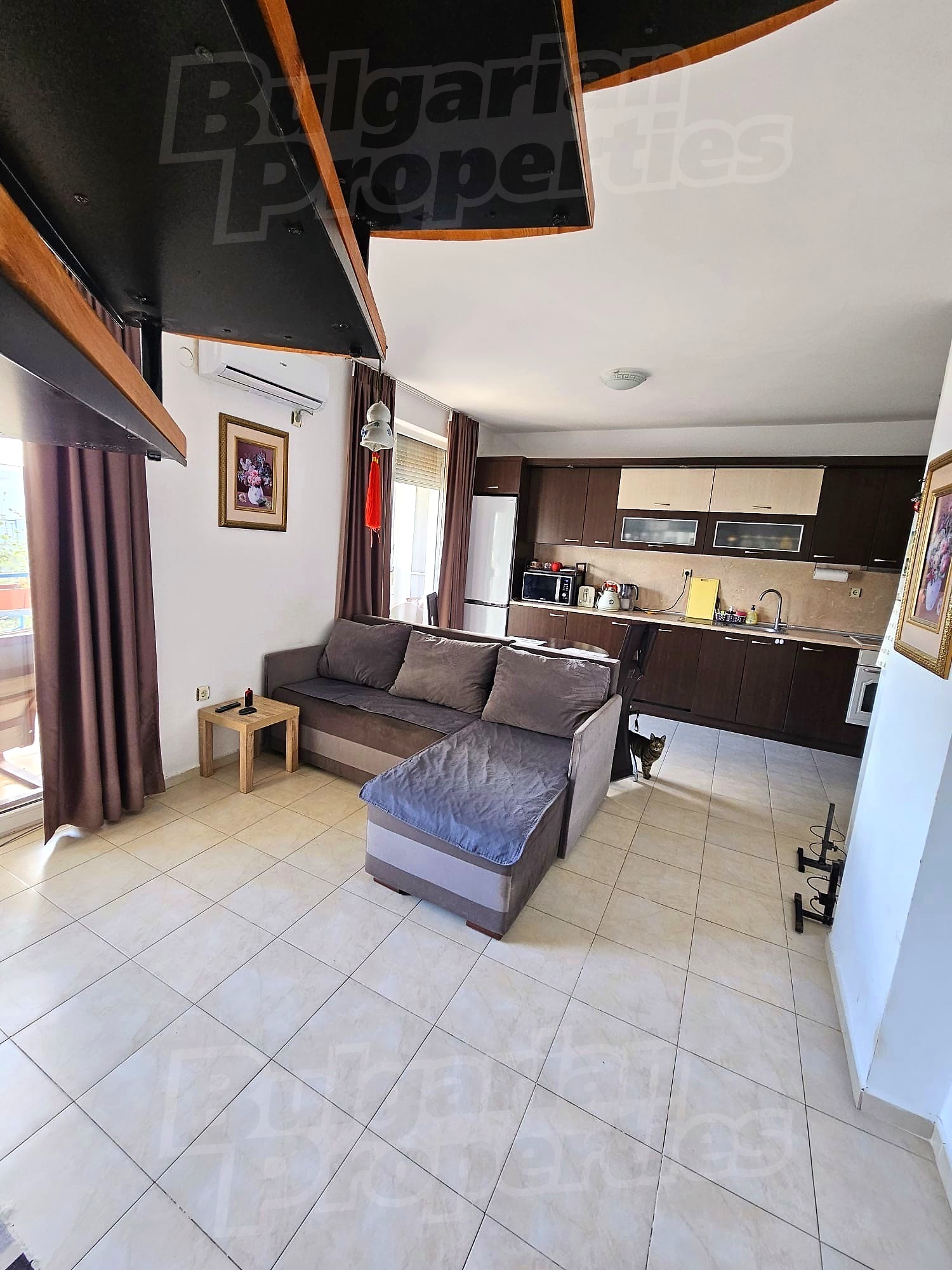 inside, kitchen, living room, furnished