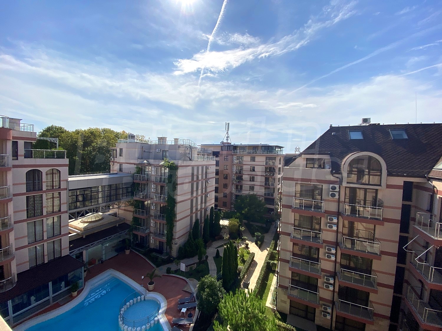 outside, pool, garden, view from balcony