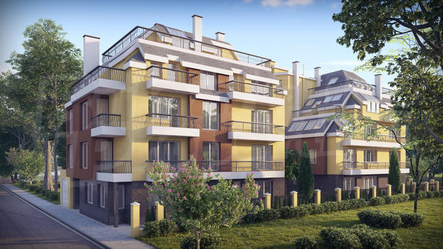 Two 5-storey buildings with a common landscaped courtyard, controlled access and a janitor Two 5-storey buildings with a common landscaped courtyard, controlled access and a janitor