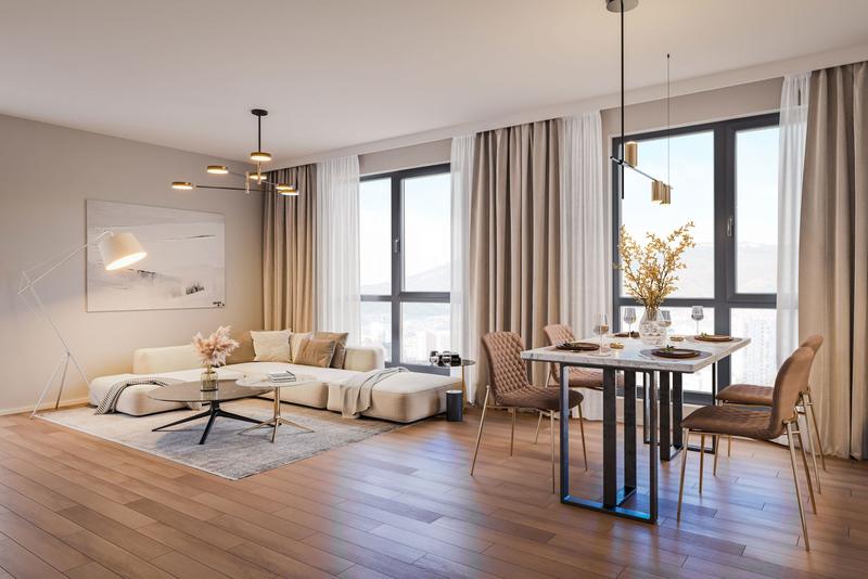 Apartments and shops in a new building near a metro station, public transport, supermarkets and a shopping center